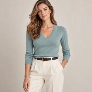 Halogen Aqua Blur Solid V-Neck Cashmere Sweater, S